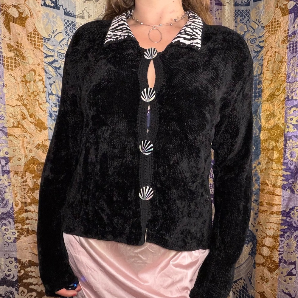 90s Whimsygoth Indie Grunge Black Zebra Trim Button Front Oversized Sweater